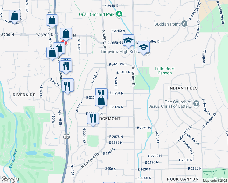 map of restaurants, bars, coffee shops, grocery stores, and more near 3210 North Canyon Road in Provo