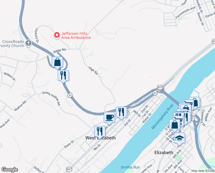 map of restaurants, bars, coffee shops, grocery stores, and more near 1304 High Road in Clairton