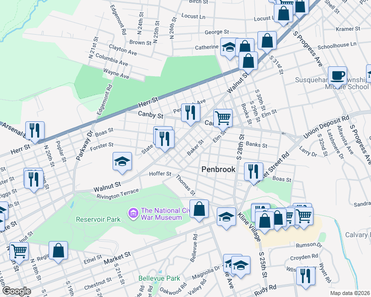 map of restaurants, bars, coffee shops, grocery stores, and more near 2451 Douglas Street in Harrisburg