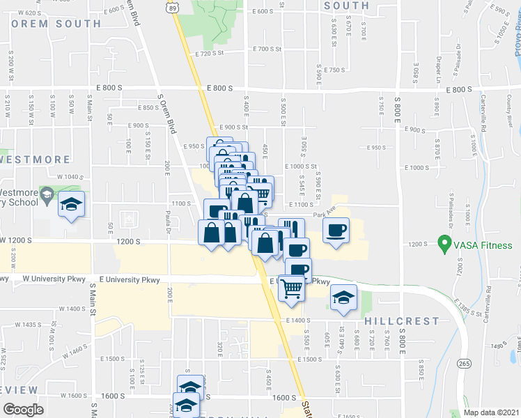 map of restaurants, bars, coffee shops, grocery stores, and more near 435 1150 South in Orem
