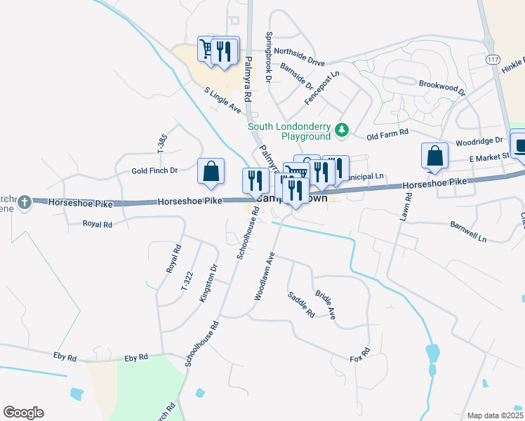 map of restaurants, bars, coffee shops, grocery stores, and more near 104 Schoolhouse Road in Campbelltown