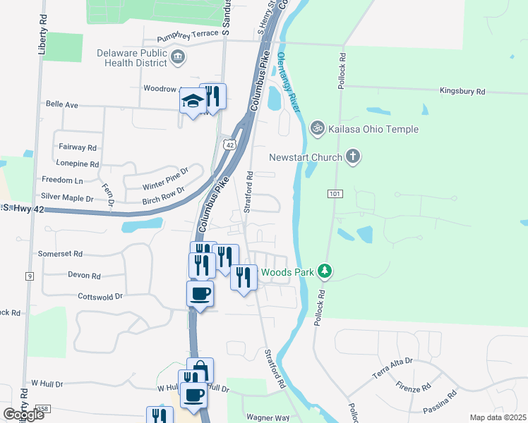 map of restaurants, bars, coffee shops, grocery stores, and more near 1228 Rivercrest Drive South in Delaware