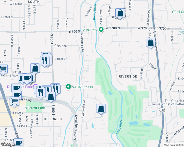 map of restaurants, bars, coffee shops, grocery stores, and more near 1089 South Carterville Road in Orem
