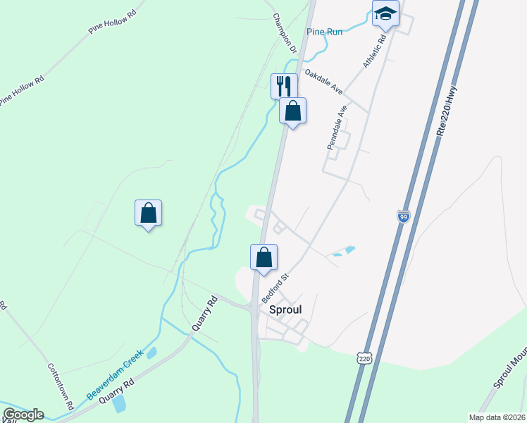 map of restaurants, bars, coffee shops, grocery stores, and more near 127 Rush Drive in Claysburg