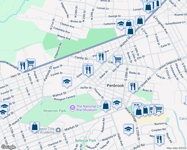 map of restaurants, bars, coffee shops, grocery stores, and more near 2419 Walnut Street in Harrisburg