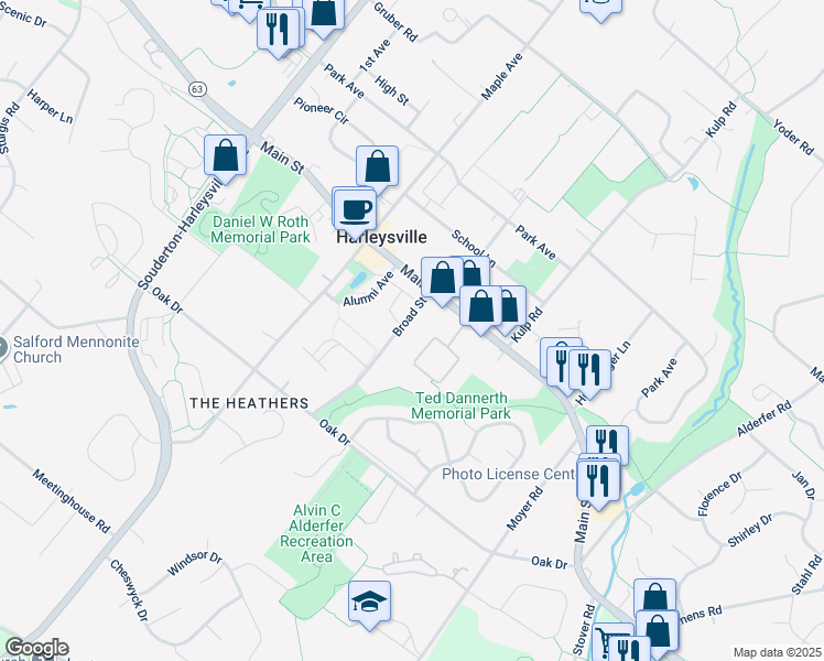 map of restaurants, bars, coffee shops, grocery stores, and more near 320 Broad Street in Harleysville