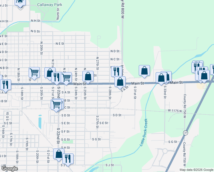 map of restaurants, bars, coffee shops, grocery stores, and more near 2712 South A Street in Elwood