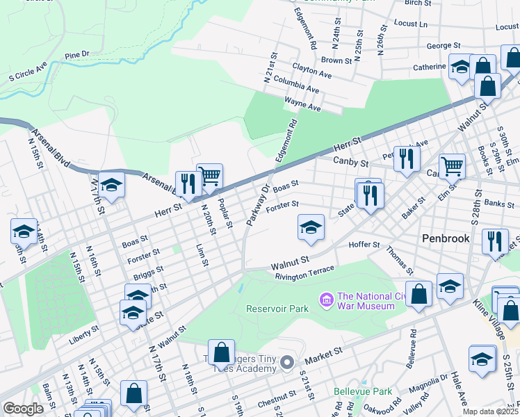 map of restaurants, bars, coffee shops, grocery stores, and more near 901 Parkway Drive in Harrisburg