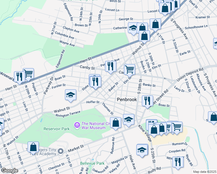 map of restaurants, bars, coffee shops, grocery stores, and more near 2453 Douglas Street in Harrisburg