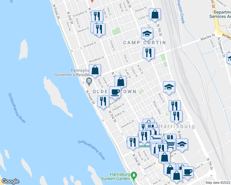 map of restaurants, bars, coffee shops, grocery stores, and more near 262 Delaware Street in Harrisburg