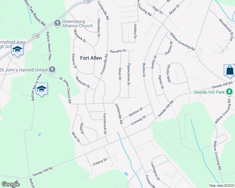 map of restaurants, bars, coffee shops, grocery stores, and more near 148 Sioux Drive in Greensburg