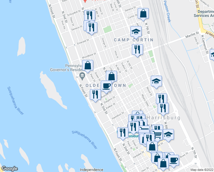 map of restaurants, bars, coffee shops, grocery stores, and more near 264 Delaware Street in Harrisburg