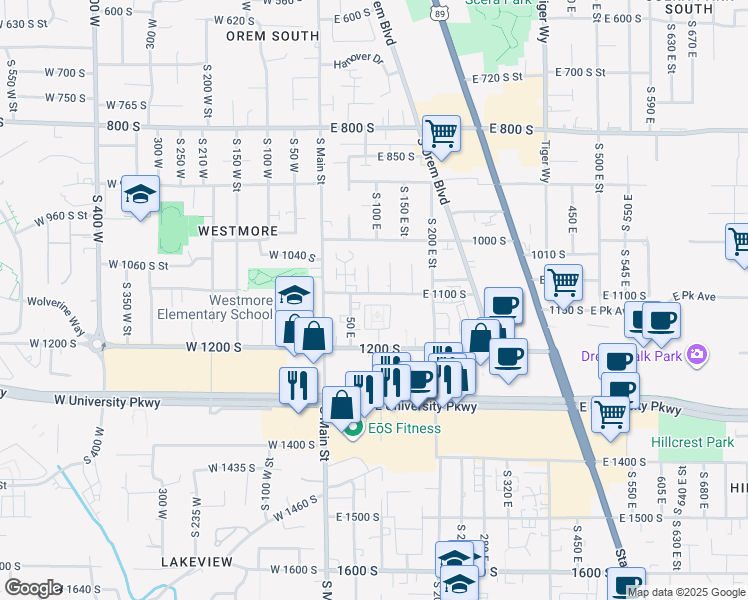 map of restaurants, bars, coffee shops, grocery stores, and more near 1085 South Anne Circle in Orem