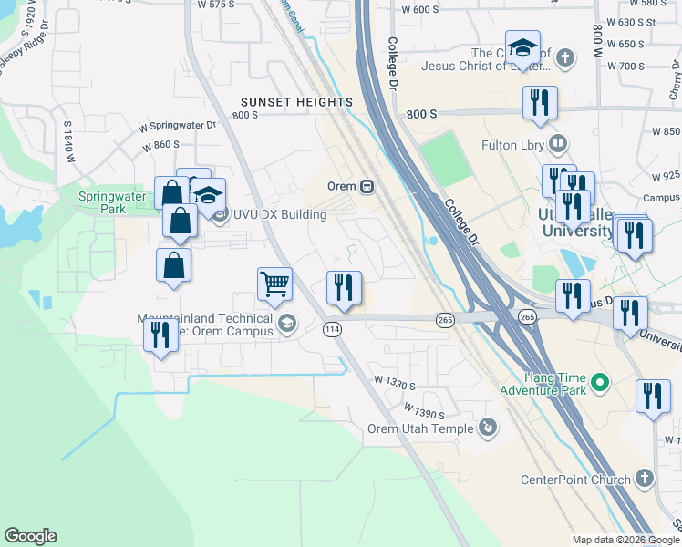 map of restaurants, bars, coffee shops, grocery stores, and more near 1290 West University Parkway in Orem