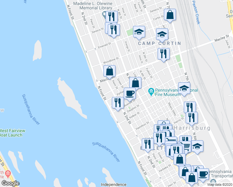 map of restaurants, bars, coffee shops, grocery stores, and more near 1936 North 2nd Street in Harrisburg