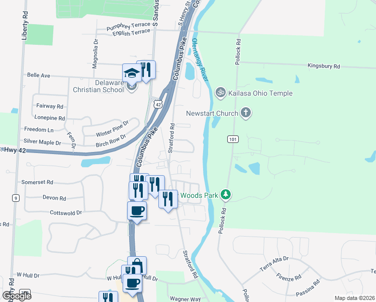 map of restaurants, bars, coffee shops, grocery stores, and more near 1228 Rivercrest Drive South in Delaware