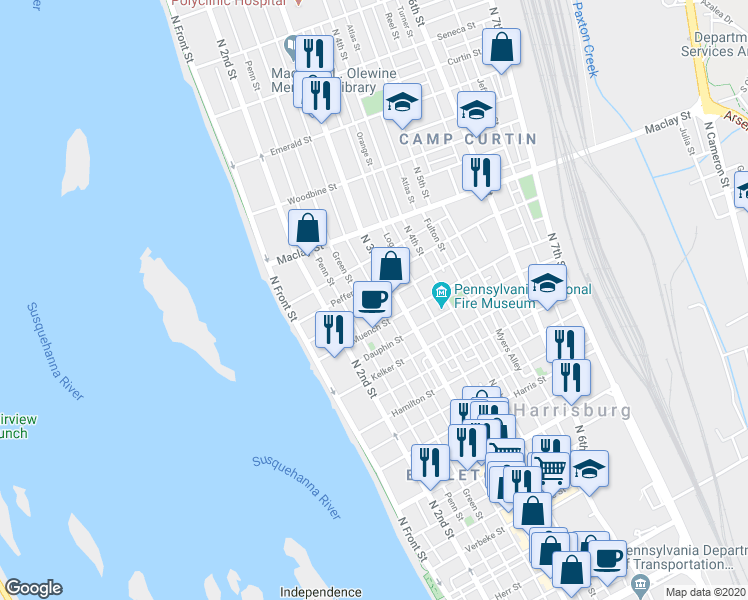 map of restaurants, bars, coffee shops, grocery stores, and more near 262 Delaware Street in Harrisburg