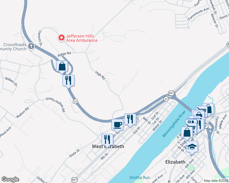 map of restaurants, bars, coffee shops, grocery stores, and more near 1304 High Road in Clairton