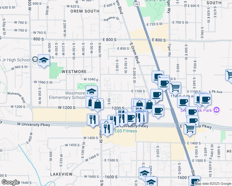 map of restaurants, bars, coffee shops, grocery stores, and more near 171 Starcrest Drive in Orem