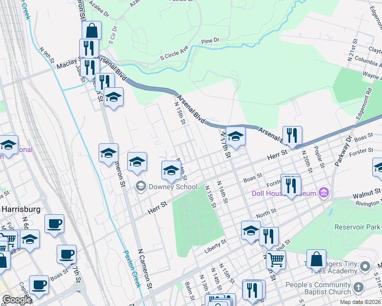 map of restaurants, bars, coffee shops, grocery stores, and more near 1302 North 15th Street in Harrisburg