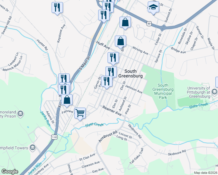 map of restaurants, bars, coffee shops, grocery stores, and more near 309 Coulter Avenue in Greensburg