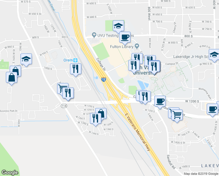map of restaurants, bars, coffee shops, grocery stores, and more near Veterans Memorial Highway in Orem