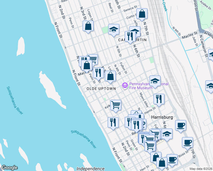map of restaurants, bars, coffee shops, grocery stores, and more near 1907 Susquehanna Street in Harrisburg