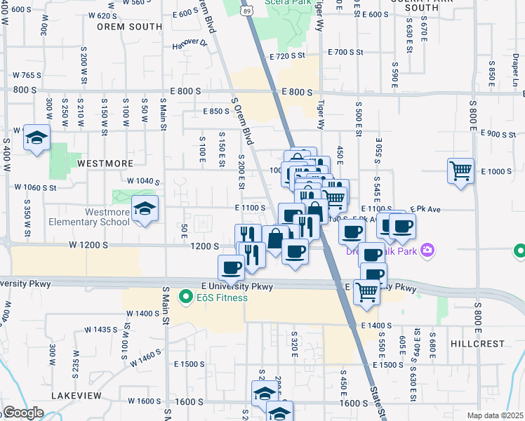 map of restaurants, bars, coffee shops, grocery stores, and more near 1110 South Graff Circle in Orem