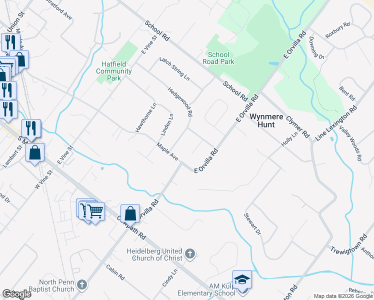 map of restaurants, bars, coffee shops, grocery stores, and more near 2210 Briar Patch Lane in Hatfield