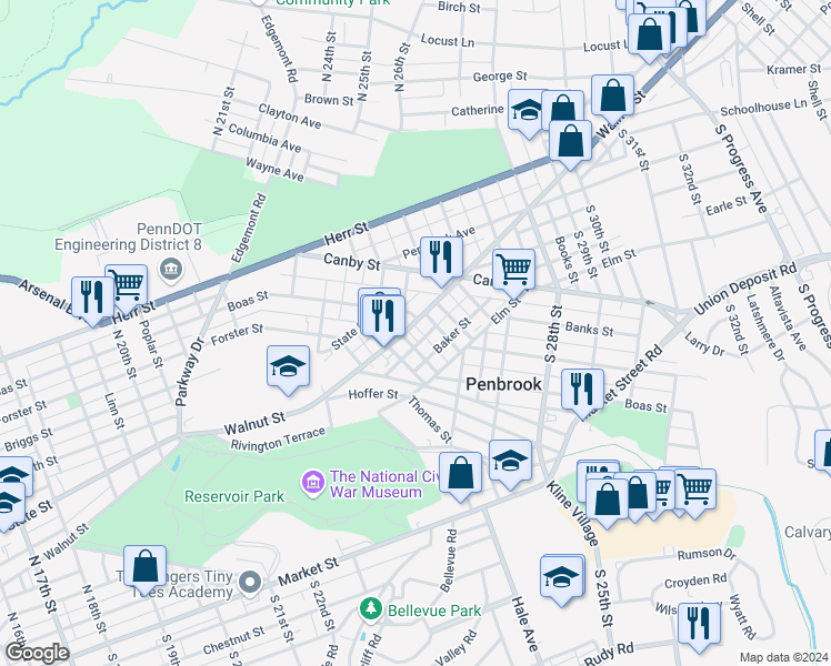 map of restaurants, bars, coffee shops, grocery stores, and more near 2445 Walnut Street in Harrisburg