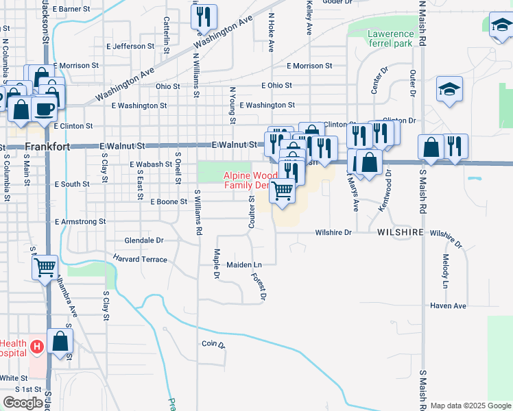 map of restaurants, bars, coffee shops, grocery stores, and more near 551 Coulter Street in Frankfort