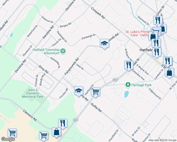 map of restaurants, bars, coffee shops, grocery stores, and more near 2686 Jean Drive in Hatfield