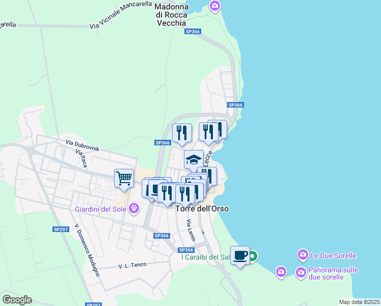map of restaurants, bars, coffee shops, grocery stores, and more near Via Massimo d'Antona in Torre Dell'Orso