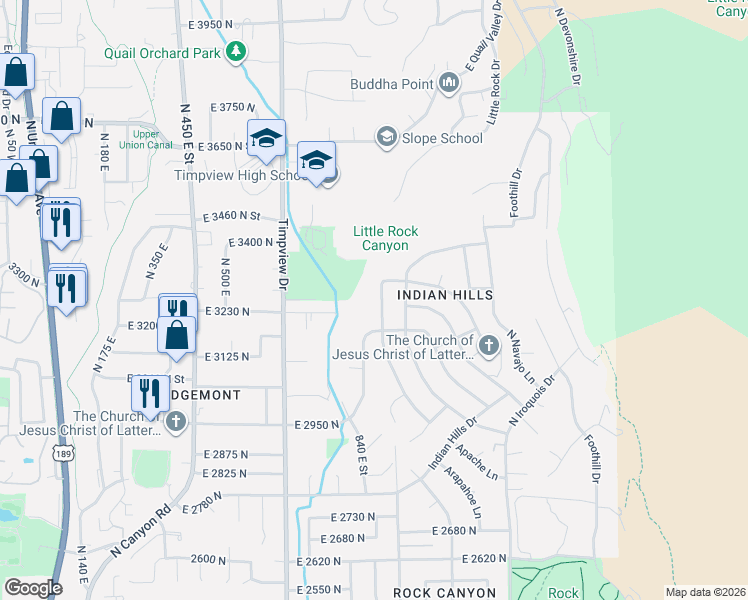 map of restaurants, bars, coffee shops, grocery stores, and more near 3223 Apache Lane in Provo