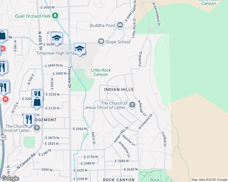 map of restaurants, bars, coffee shops, grocery stores, and more near 3202 Cherokee Lane in Provo