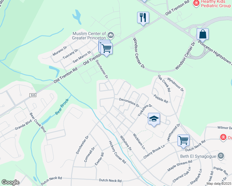 map of restaurants, bars, coffee shops, grocery stores, and more near 5 Dorchester Drive in East Windsor