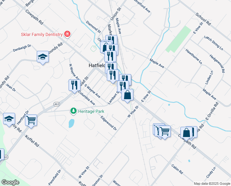 map of restaurants, bars, coffee shops, grocery stores, and more near 48 Lambert Street in Hatfield