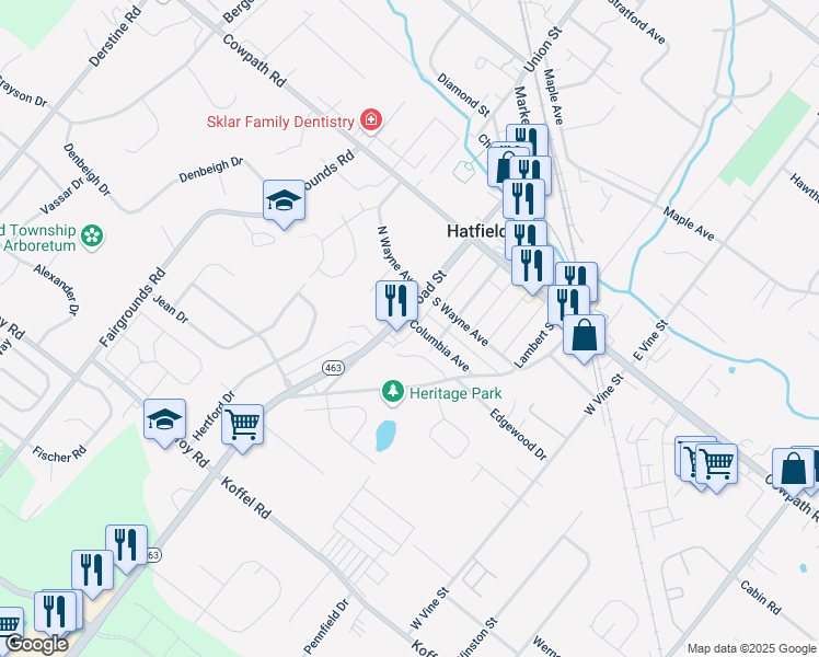 map of restaurants, bars, coffee shops, grocery stores, and more near 38 Columbia Avenue in Hatfield