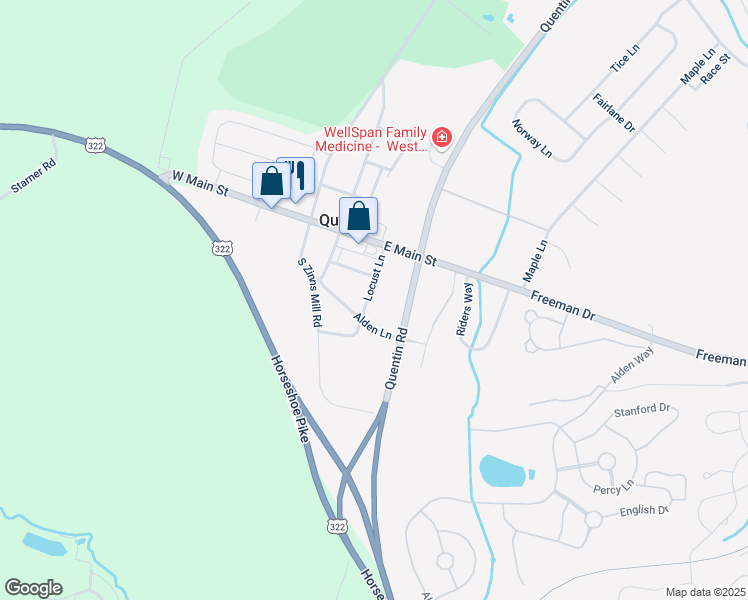 map of restaurants, bars, coffee shops, grocery stores, and more near 38 Locust Lane in Lebanon