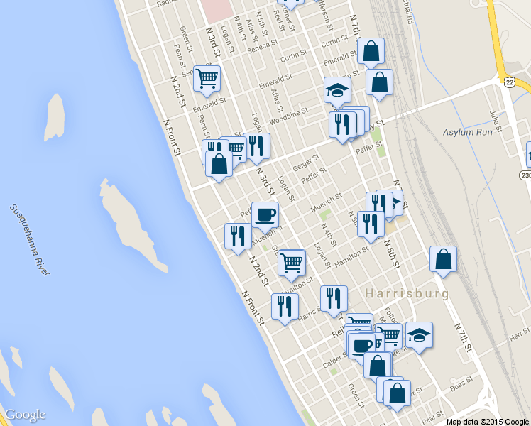 map of restaurants, bars, coffee shops, grocery stores, and more near 1930 Susquehanna Street in Harrisburg