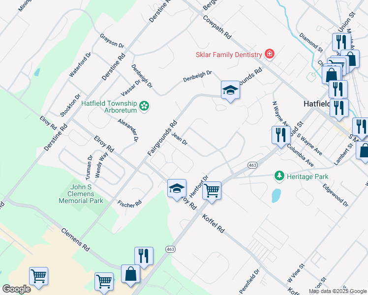 map of restaurants, bars, coffee shops, grocery stores, and more near 2718 Jean Drive in Hatfield