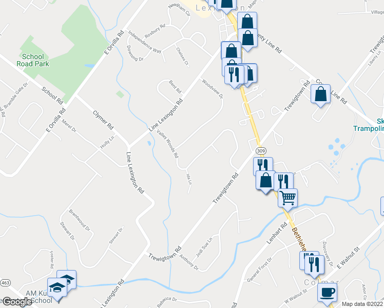 map of restaurants, bars, coffee shops, grocery stores, and more near 2740 Valley Woods Road in Hatfield