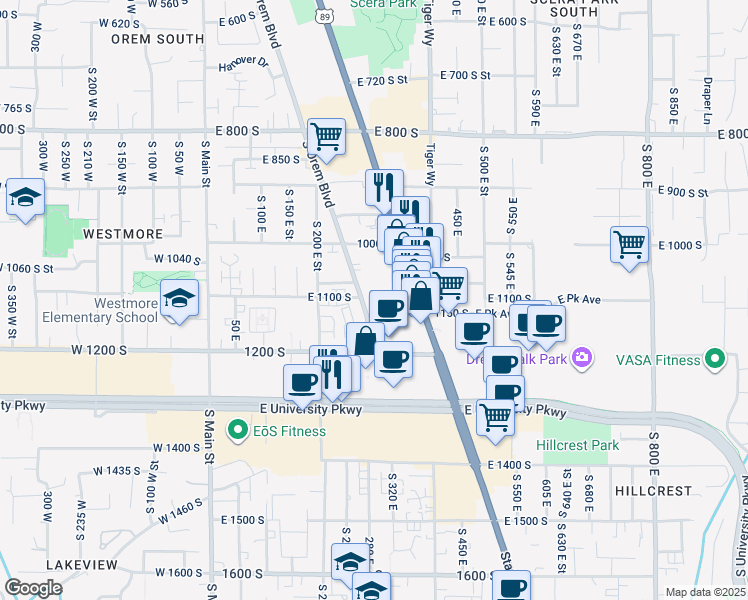 map of restaurants, bars, coffee shops, grocery stores, and more near 1119 South Orem Boulevard in Orem