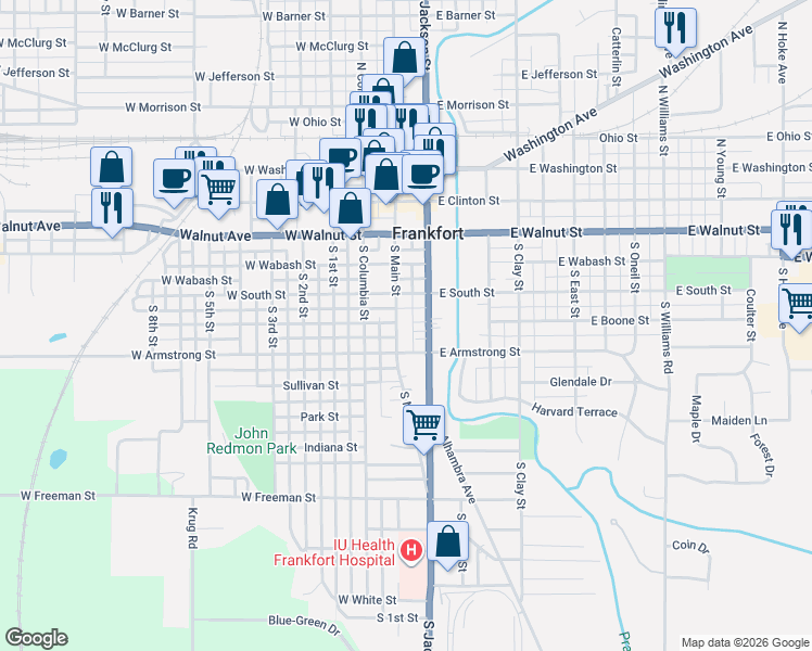 map of restaurants, bars, coffee shops, grocery stores, and more near 552 South Jackson Street in Frankfort