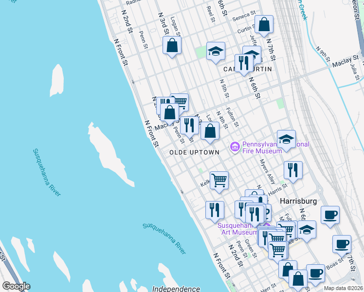 map of restaurants, bars, coffee shops, grocery stores, and more near 1936 North 2nd Street in Harrisburg