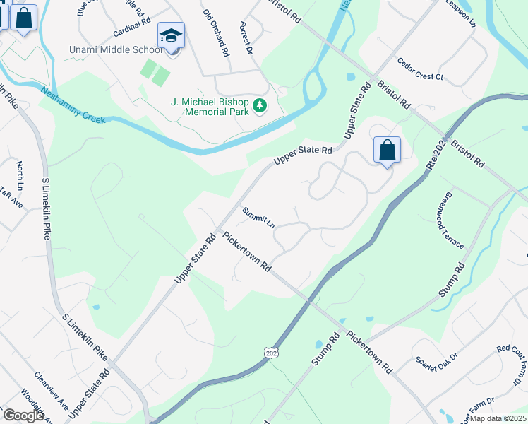 map of restaurants, bars, coffee shops, grocery stores, and more near 3791 Summit Lane in Chalfont