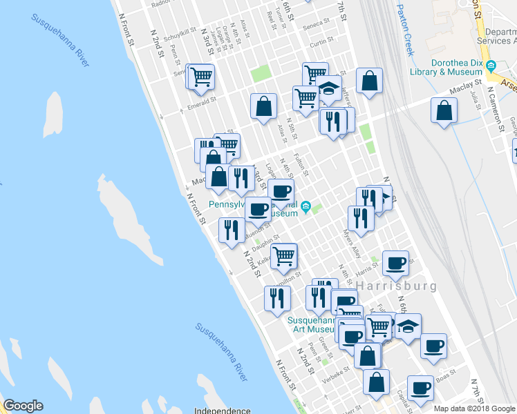 map of restaurants, bars, coffee shops, grocery stores, and more near 1932 Susquehanna Street in Harrisburg