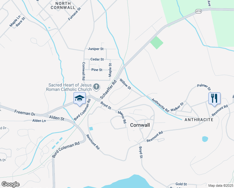 map of restaurants, bars, coffee shops, grocery stores, and more near 109 Forge Drive in Lebanon