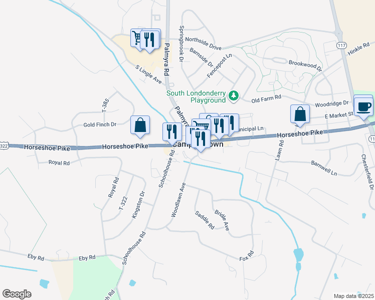 map of restaurants, bars, coffee shops, grocery stores, and more near 2880 Horseshoe Pike in Palmyra