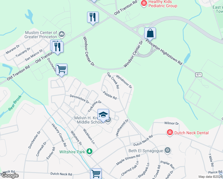 map of restaurants, bars, coffee shops, grocery stores, and more near 24 Oak Creek Road in East Windsor